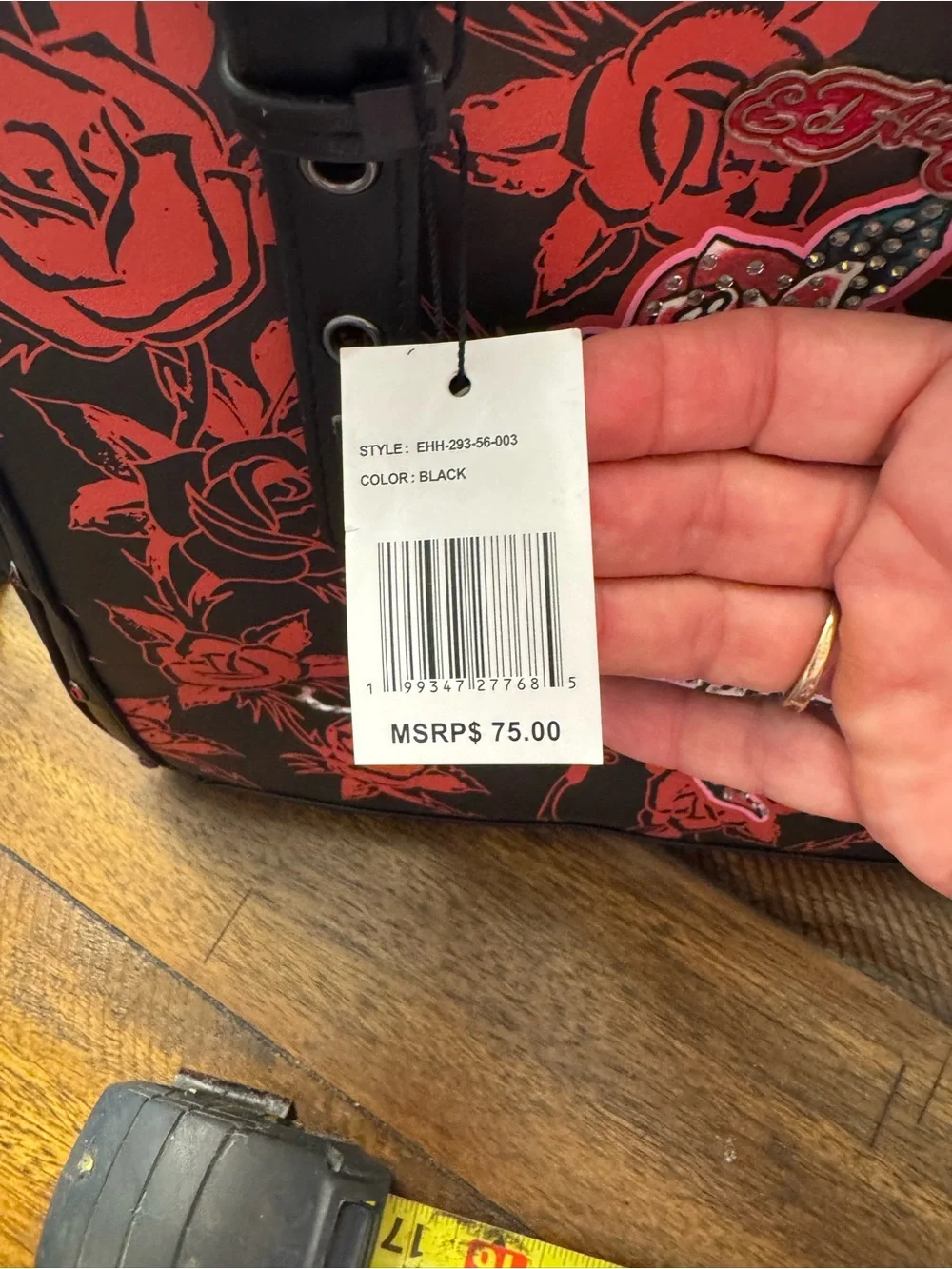Ed Hardy Black & Red Skull Rose Satchel with Stud Accents